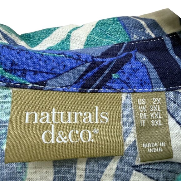Denim & Co. Naturals Linen Blend Shirt Womens 2X Blue Tropical Print Top - Picture 6 of 9